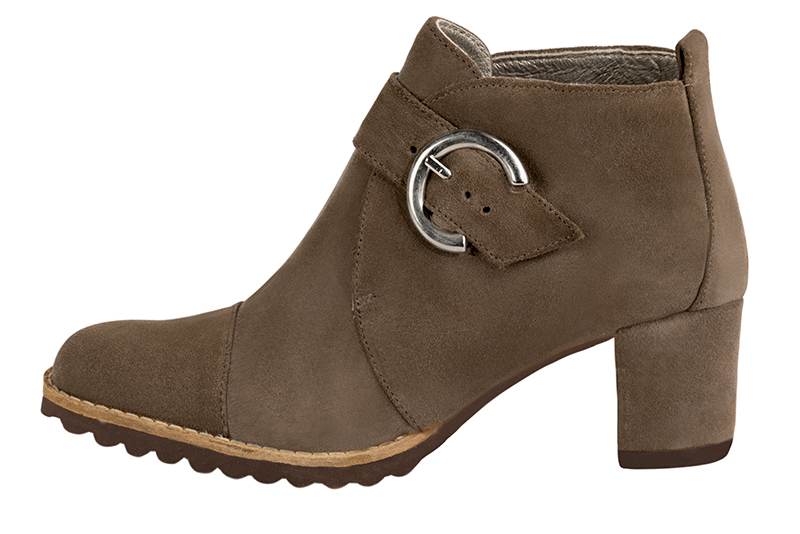 Chocolate brown women's ankle boots with buckles at the front. Round toe. Medium block heels. Profile view - Florence KOOIJMAN